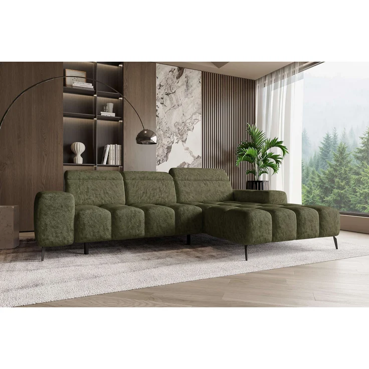 99rooms Milano Ecksofa Chenille APHRODITE Olive Rechts mit Sitztiefenverstellung