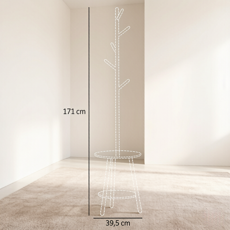 Garderobenständer 39,5x39,5x171 cm mit 5 Haken und runden Ablagen, Bambus/Weiß – Bild 5