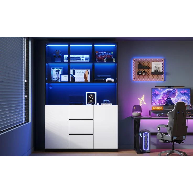 ZUBALIYA LED-beleuchtete Glasvitrine 120×40×200 cm – Vitrine aus gehärtetem Glas mit offenen Regalen, drei Schubladen und zwei Türen. Ein vielseitiger Schrank, der sich für Wohn- und Esszimmer eignet. – Bild 15