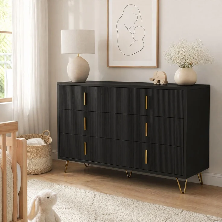 DESVIAE Sideboard mit 6 Schubladen, 120x77x40 cm, Spanplatte, Schwarz und Gold – Bild 2