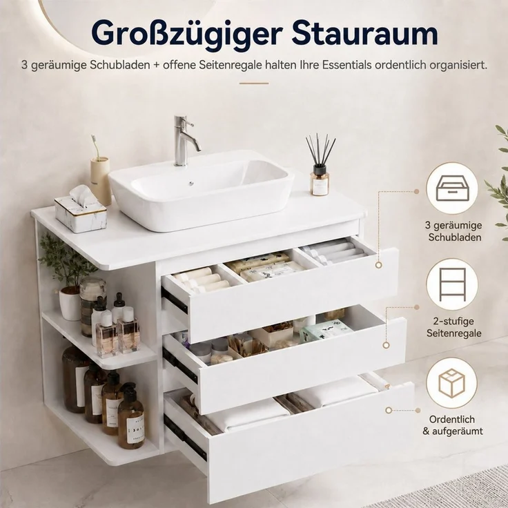 Yorbay Waschbeckenschrank Wandhängend Unterschrank, mit 3 Soft Close Schubladen, Seitenregal Waschtischunterschrank 80 cm, Weiß, Waschbecken exklusive – Bild 2