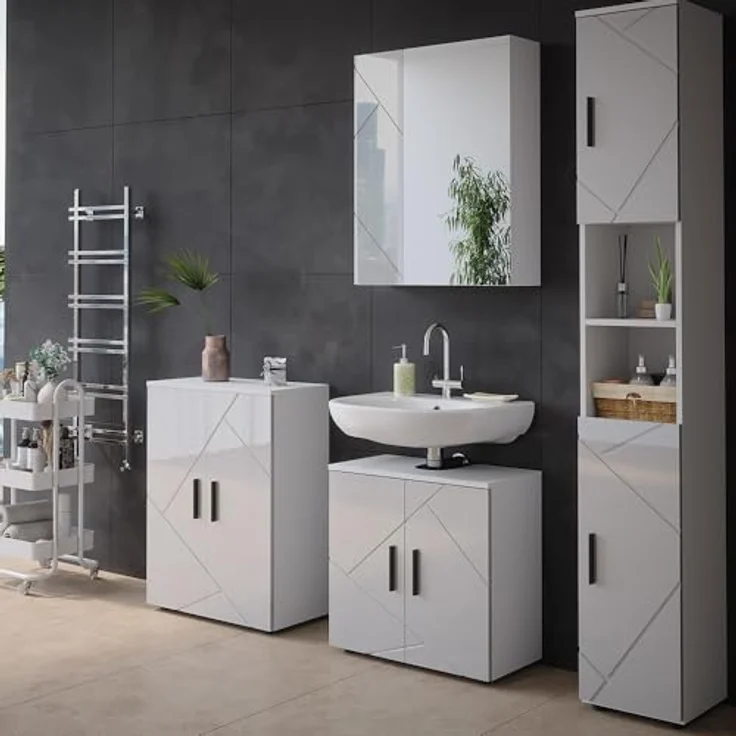 Badspiegelschrank Irma Weiß/Weiß Hochglanz 60 x 75 cm Vicco – Bild 3
