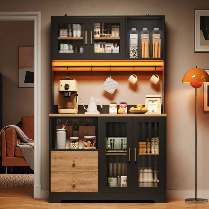 178 cm Küchenschrank, Hochschrank mit LED, Küchenregal mit Steckdose, Vitrine mit Türen aus gehärtetem Glas, Weinregal, Schwarz mit Holzoptik verstärkter Arbeitsplatte--Schwarz--110x40x178cm--YOUDENOVA – Bild 2