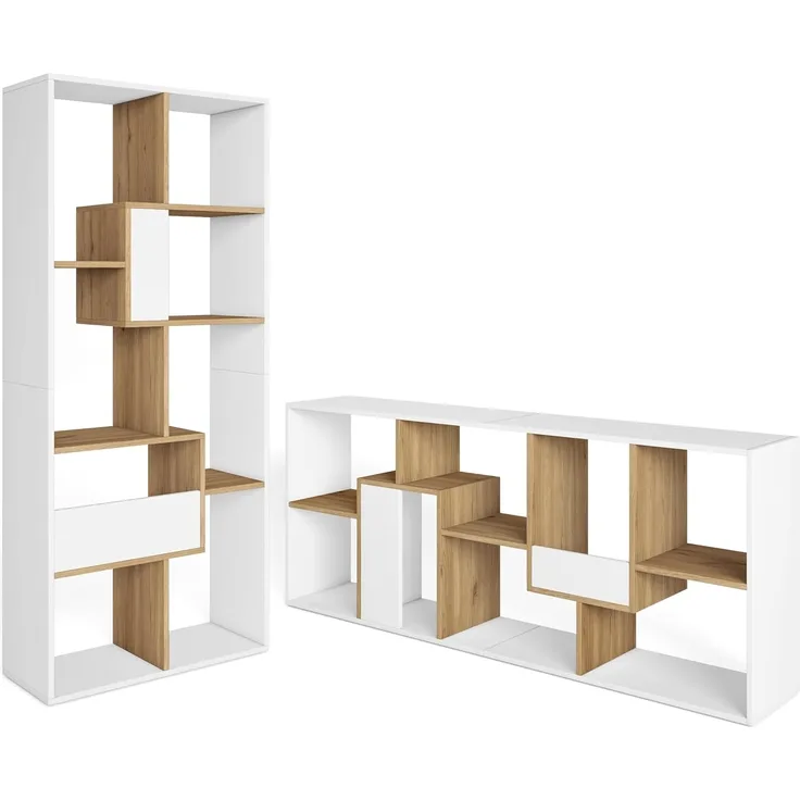 Skraut Home | Bücherregal Bibliothek | Bookshelf, Bookcase | 162 x 67 x 31 cm | Aufbewahrungsregal | Moderner Stil | Weiß und Eiche