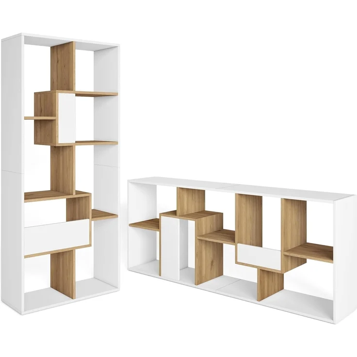 Skraut Home | Bücherregal Bibliothek | Bookshelf, Bookcase | 162 x 67 x 31 cm | Aufbewahrungsregal | Moderner Stil | Weiß und Eiche