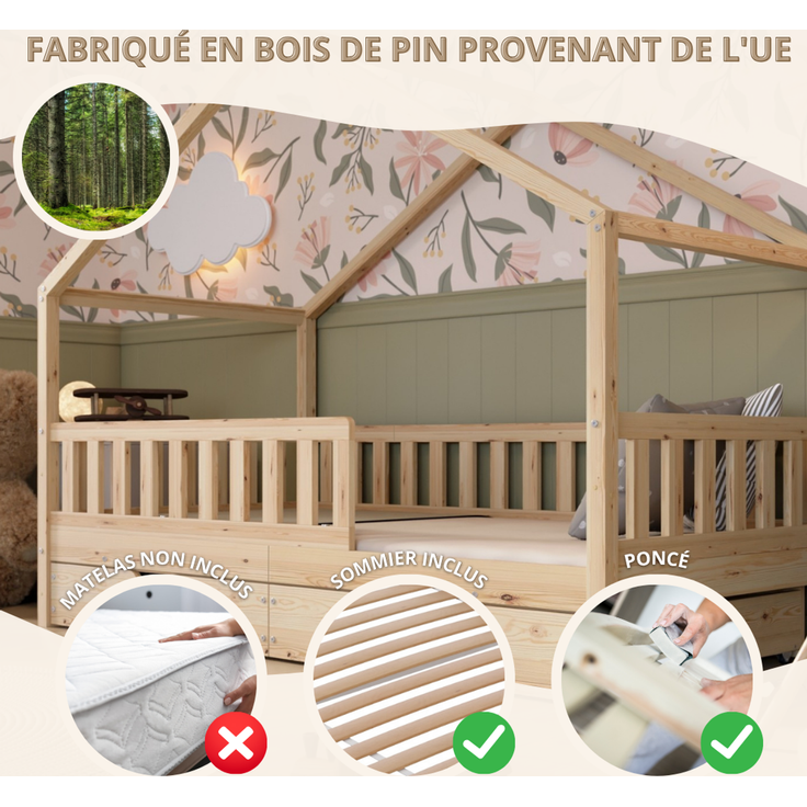 Crazy Pine 'Crazy House' Hausbett mit abnehmbaren Rausfallschutz, Naturholz, Natur, 100x200 cm, mit Schubladen – Bild 4