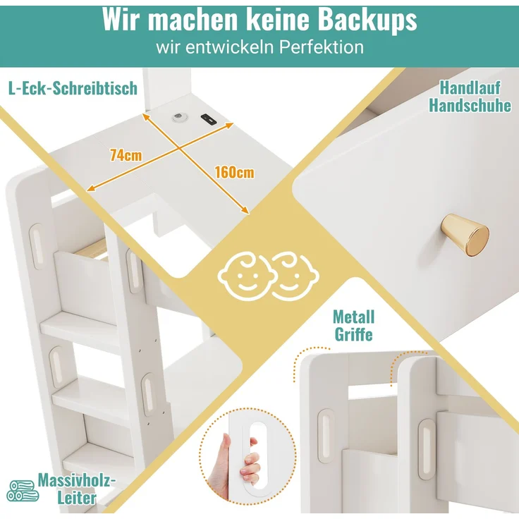 Hochbett Einzelbett mit Holzlattenrost, USB/Type-C Ladebereich, L-förmigem Schreibtisch, Regalen und Schubladen,ohne Matratze – Bild 7