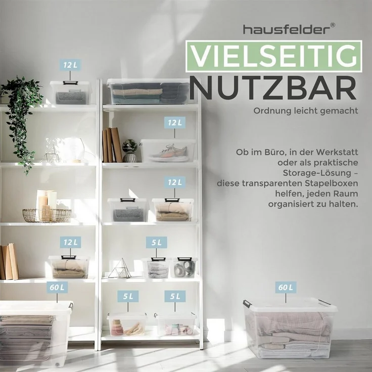 Hausfelder Aufbewahrungsbox Ordnungsboxen mit Deckel und Verschlussclips,12 l, 10 Stück,10 x 12 l (10er Set, 10 St, 10 Boxen + 10 Deckel), stapelbar, mit Klickverschluss, in drei Größen erhältlich – Bild 3