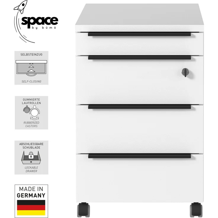 bümö Space Rollcontainer mit Schubladen, Container abschließbar aus Holz in weiß - Rollwagen für's Büro als Schreibtisch Unterschrank, Bürocontainer od. Schreibtischcontainer, SPCSRC-84 – Bild 2