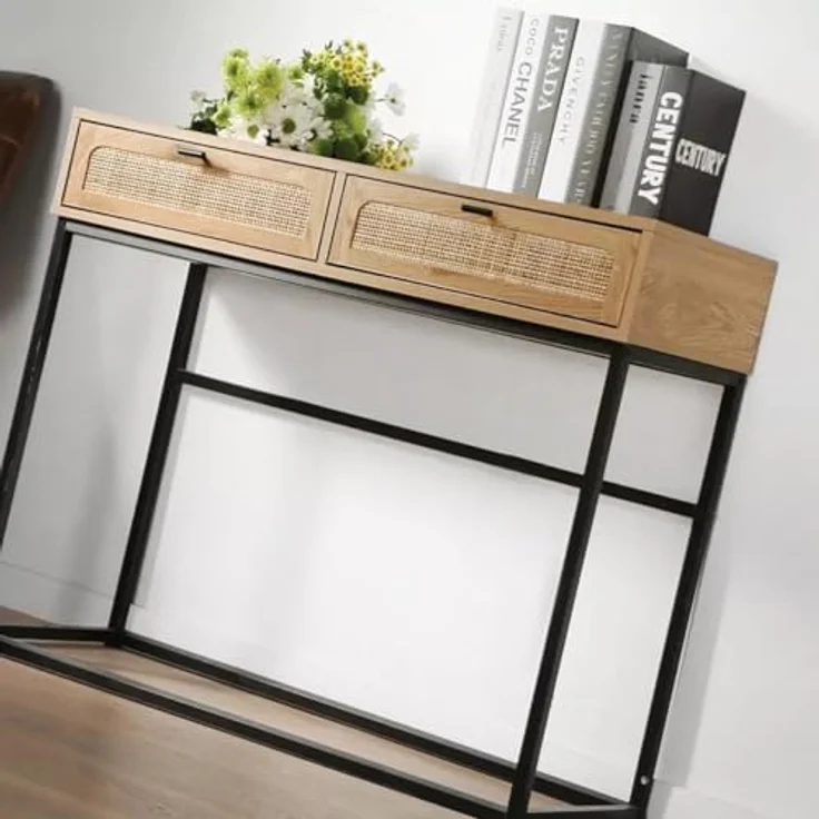 Casâme 'JAYA' Konsole aus Rattan mit 2 Schubladen L100cm - Eicheneffect - Helles Holz – Bild 5