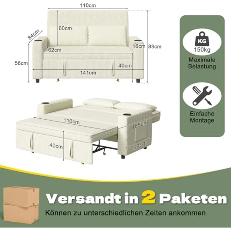 JUMMICO Schlafsofa 2 Sitzer klein Sofa mit Schlaffunktion Schlafcouch Ausziehbar mit Kissen Couch Cord-Bezug mit Getränkehalter Klappsofa Für Wohnzimmer Schlafzimmer,75 x 160 x 100 cm,Grau – Bild 2