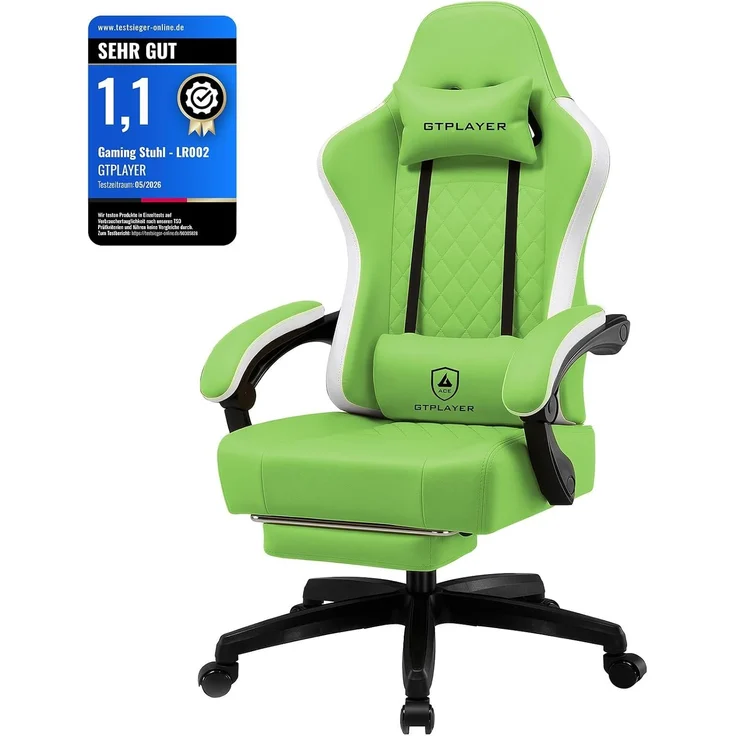 GTPLAYER Gaming Stuhl Ergonomischer Gaming Sessel Schreibtischstuhl Kunstleder, Federsitzkissen, Verbindungsarmlehnen und Fußstütze 150KG, grün – Bild 1