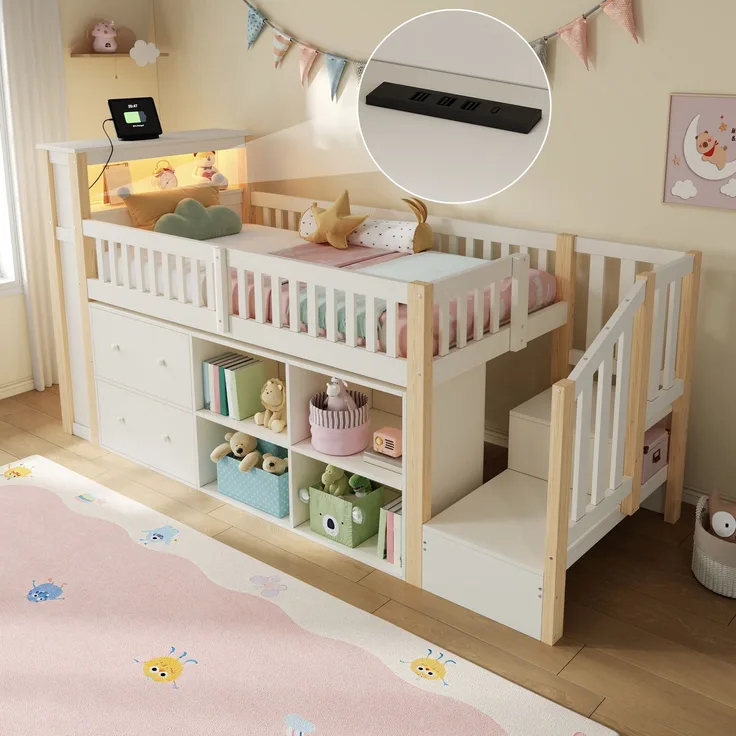 Hochbett, 90 x 200 cm, mit Schubladen, Staufächern, trapezförmigem Schrank, LED-Beleuchtung, Matratze nicht enthalten,Natur