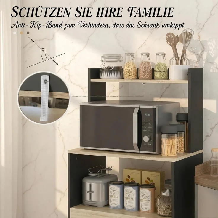Mikrowellenmöbel, Küchen‑Buffet Mikrowellenschrank mit Schrank, Schubladen und oberer Etagère, praktischer Küchenaufbewahrungsschrank für Haushalt--Schwarz--60x40x131cm--YOUDENOVA – Bild 4