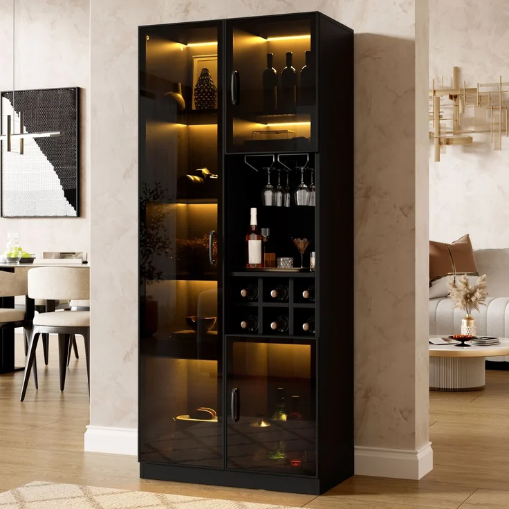 Vitrine 60 x 36 x 160 cm aus MDF und PB mit LED-Beleuchtung, Glastüren und Weinregal – Bild 4