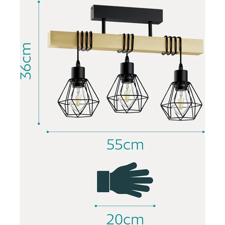 Eglo 43131 Hängeleuchte TOWNSHEND 5 Stahl schwarz, Holz braun E27 3X40W L:55cm B:20cm H:36cm dimmbar – Bild 5