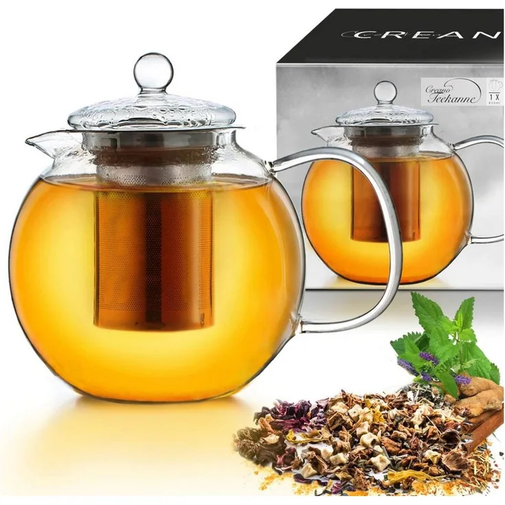 Creano Teekanne Creano Teekanne aus Glas 0,85l, 3-Teilige Glasteekanne mit Integrierte, (1er-Set, 2-St), tropffrei