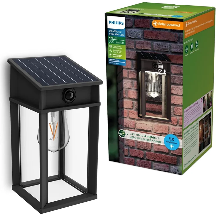 Philips Geri UltraEfficient Solar-Wandleuchte für den Außenbereich, quadratisch, austauschbare Solarlampe, Bewegungssensor, 4000K kaltweißes Licht, Schwarz