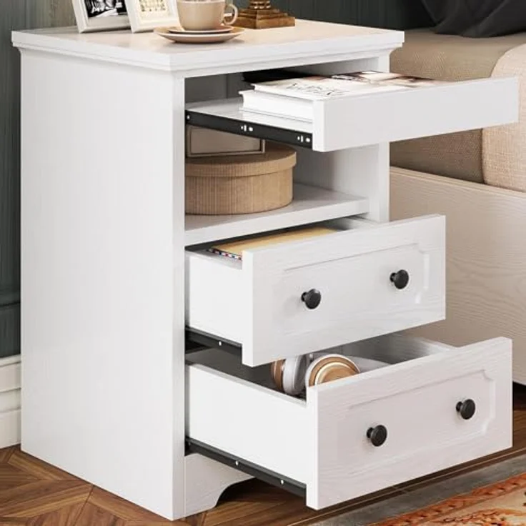 IRONCK Nachttisch, Moderne Nachtkonsole mit 2 Schubladen, Offenem Fach, Beistelltisch mit Herausziehbarer Ablage, Holz-Nachttisch für Schlafzimmer, Wohnzimmer, Weiß – Bild 1