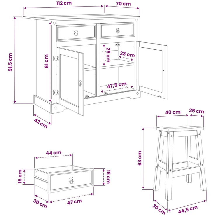vidaXL Kücheninsel Set Corona 3 pcs Weiß und Honigwachs Massiv-Kiefer 3425399 – Bild 9