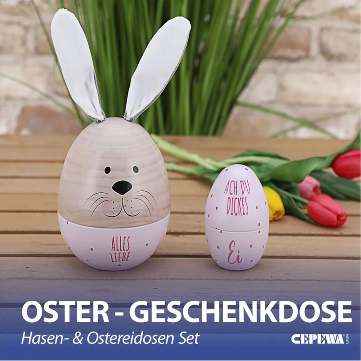 CEPEWA Geschenkbox Geschenkdose Osterhase 2tlg. Ei mit Ohren Ostereidose rosa 11,5x14,5cm – Bild 2