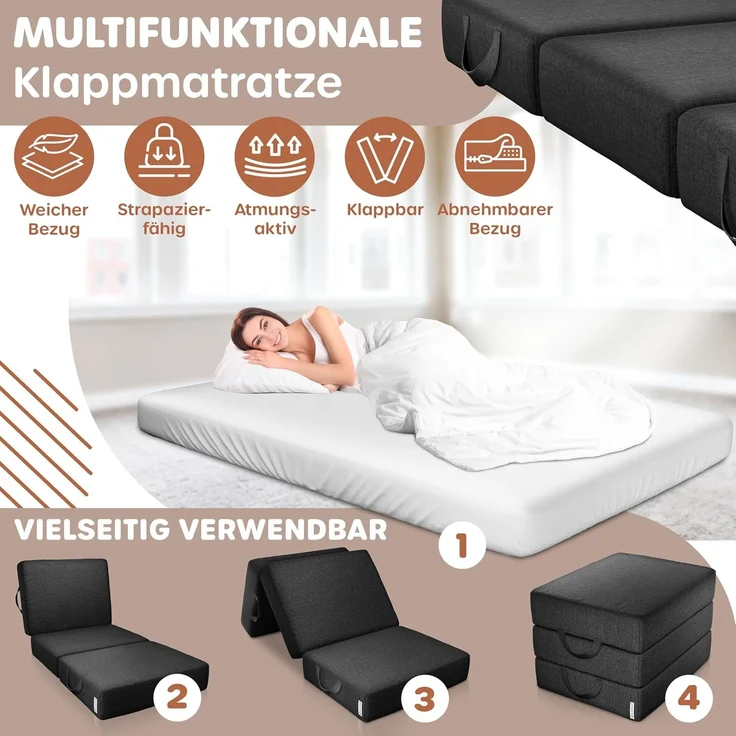 KESSER® Klappmatratze Gästematratze 3-fach Faltmatratze faltbar zum Sitzhocker | Schaumstoff 25kg/m³ extra dick 15cm atmungsaktiv waschbar abnehmbarer Bezug | Matratze inkl. Camping Tragetasche Schwarz, 90 x 200 x 15 cm – Bild 2