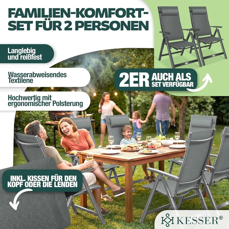 KESSER® Gartenstuhl Hochlehner mit Armlehnen | Aluminium Klappstuhl inkl. Kopfkissen Campingstuhl 7-Fach Verstellbar Rückenlehne | Atmungsaktiv & Wetterfest | Klappbar & Anti-Rutsch Anthrazit, 2 Stück – Bild 4