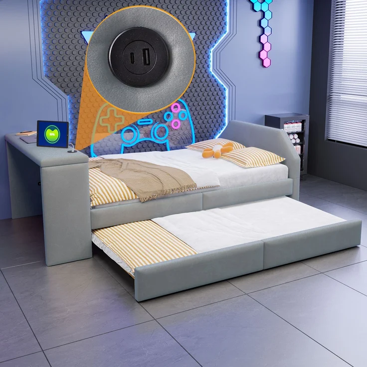 Merax Einzelbett, Kinderbett, Polsterbett 90 x 200cm mit integriertem Schreibtisch, USB-Ladeanschluss und ausziehbarem Gästebett; Samt-Bettgestell, Grau – Bild 5