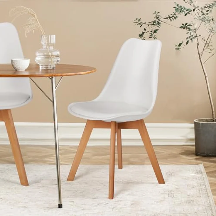 Sweetrcrispy Esszimmerstühle 4er Set, Mid-Century Modern, PU-Leder Polsterstühle mit Holzbeinen, Küchen- & Esszimmer, Weiß – Bild 5