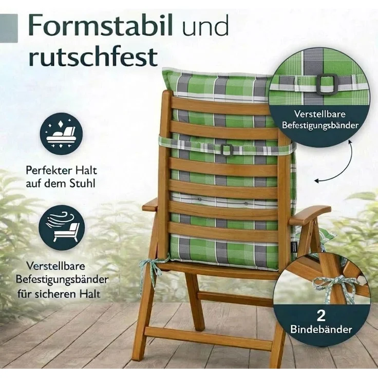 BURI 4x Auflagen Set Hochlehner für Gartenstühle 120x48x7cm Sesselauflagen Polster UV Lichtecht - Gartenstuhlauflagen Karo Muster Stuhlkissen mit Dicker Schaumstoff Füllung (Grün/Grau) – Bild 4