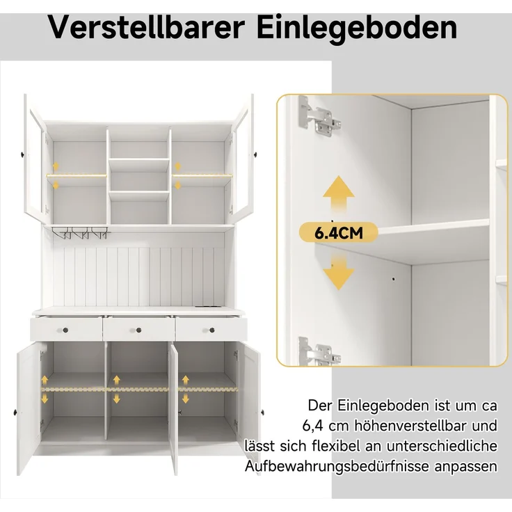 Buffetschränke, Esszimmer-Hochschrank 120×40×191 cm, mit Glastüren, Gläserhalter, mehrstufigem Stauraum, integrierter Steckdose sowie USB-C- und USB-A-Anschlüssen, Weiße und schwarze Griffe – Bild 7