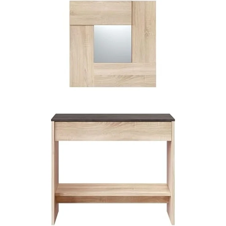 Habitdesign Konsolentisch mit Schublade und Spiegel – Flurablage in kanadischer Eiche und Rost für Eingangsbereich oder Schlafzimmer, modernes Design, Maße: 92 x 79 x 33 cm (B x H x T), Modell Oxys – Bild 2