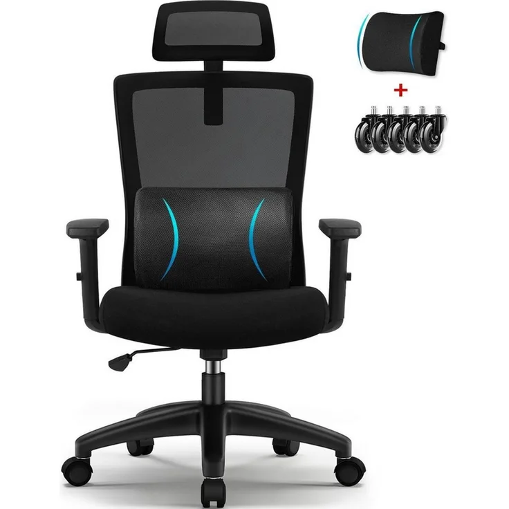 Hiazurm Bürostuhl Bürostuhl, Ergonomischer Schreibtischstuhl, Drehstuhl, Chefsessel (Verstellbare Armlehne,leise Rolle,Bis 155 kg belastbar, Atmungsaktiv,Sitzhöhe Einstellung,Wippfunktion 90°-135), Verlängerte und Verbreiterte Rückenlehne, Schwarz