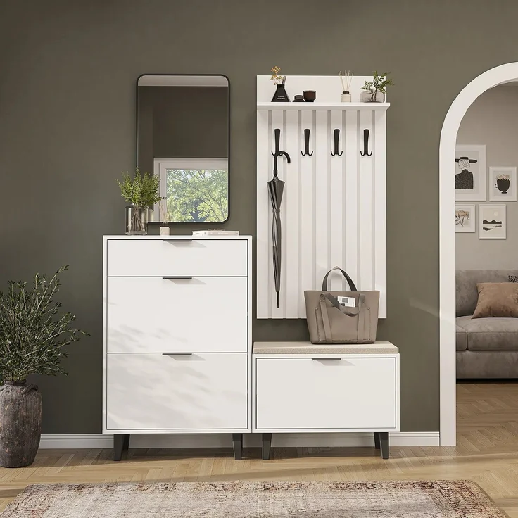 Roomart NORD Garderobenset 4-teilig – Schuhschrank, Sitzbank mit Schuhklappe, Garderobenpaneel 130 cm & Spiegel – Flurgarderobe – H 112 x B 73.6 x T 35 cm (Schuhschrank) • Weiß – Bild 2