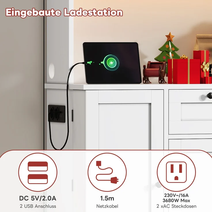 Küchenschrank, Hochschrank, Aufbewahrungsschrank, Vitrinenschrank mit Tür, integriertem Gewürzregal, verstellbaren Einlegeböden,mit farbwechselnder LED-Beleuchtung und Steckdose, 180 × 105 × 40 cm--Weiß--105x40x180cm--YOUDENOVA – Bild 4