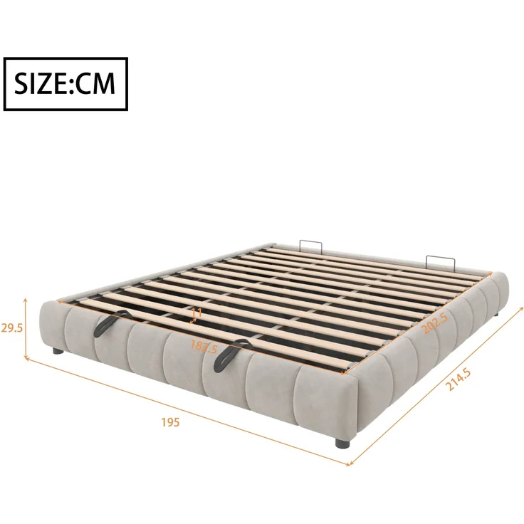 EINHOM Polsterbett 180 x 200 cm, ohne Kopfteil, mit LED-Lichtleiste (Einfarbig), Hydraulischer Schwebebettrahmen mit Stauraum, Einzelbett, Jugendbett, Beige (Ohne Matratze) – Bild 2