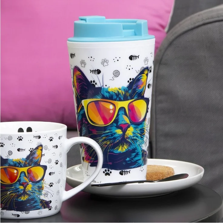 Geda Labels GmbH Coffee-to-go-Becher Cool Cat, 1-tlg, PP, Türkis, 400ml, doppelwandig – Bild 3