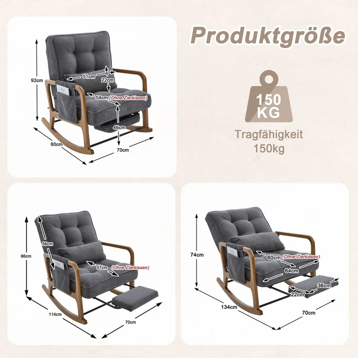 LVHOM Schaukelstuhl mit ausziehbarer Fußstütze, Relaxsessel mit verstellbare Rückenlehne, Loungesessel mit Seitentasche, bis 150 kg belastbar, Grau – Bild 6