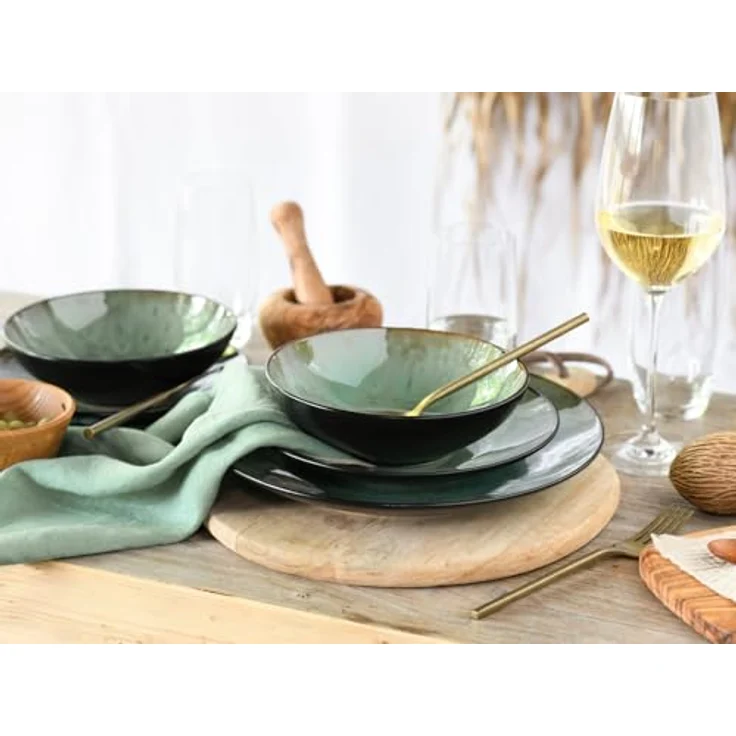 Creatable Tafelservice Jawa, 12-teiliges Geschirrset aus Keramik in Grün und Schwarz, lebensmittelecht und stapelbar, abstraktes Design – Bild 5
