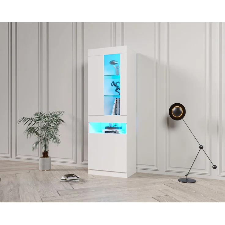 Vitrine mit LED Beleuchtung Vitrinenschrank Standvitrine Stauraumvitrine Schrank Wohnzimmerschran Weiß LED Vitrine Wohnzimmer Wohnwände LED Vitrinenschränke LED Schränke Buffet-Schran--Weiß--50x40x180cm--YOUDENOVA – Bild 9