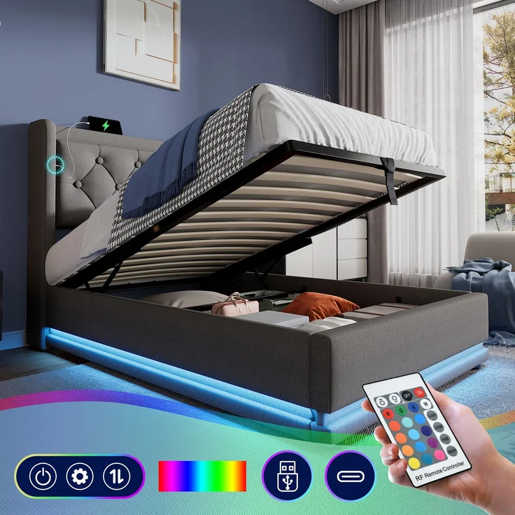 Polsterbett 90x200 cm Grau mit 3-seitiger LED-Beleuchtung, Wingback Kopfteil & USB Typ-C Ladefunktion,hydraulischer Stauraum – Bild 1