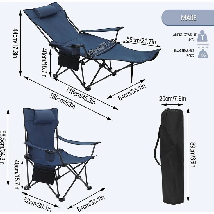 WOLTU Campingstuhl klappbarer Angelstuhl ultraleichter Stuhl Liegestuhl mit Lehne Fußstütze Getränkehalter Aufbewahrungstasche Sonnenstuhl belastbar 150 kg Faltstuhl aus Oxford-Gewebe Blau CPS8148bl – Bild 2