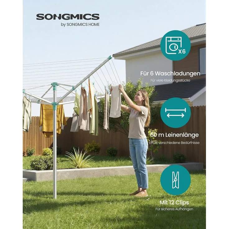 SONGMICS Wäschespinne, höhenverstellbarer, 60 m Wäscheleine, für 6 Waschladungen, draußen, silbern-grün – Bild 2