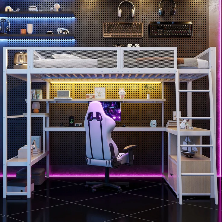Hochbett mit Eckschreibtisch, LED-Streifen, PC-Ständer, Steckdose, USB, Rausfallschutz, Regal, Schrank, 140x200cm, Kinderbett, Jugendbett, Metallbett – Bild 2