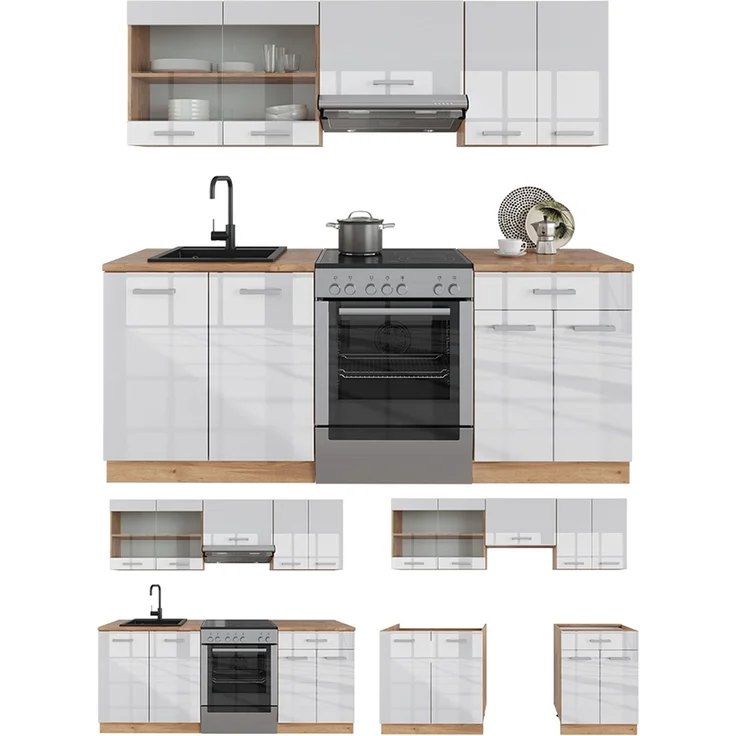 Küchenzeile R-Line Weiß Hochglanz/Goldkraft Eiche 200 cm , AP Anthrazit Vicco – Bild 6