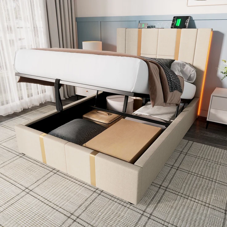 Polsterbett aus Leinen mit LED & USB-Anschluss, Stauraum, 90x200 cm, Beige, ohne Matratze – Bild 5