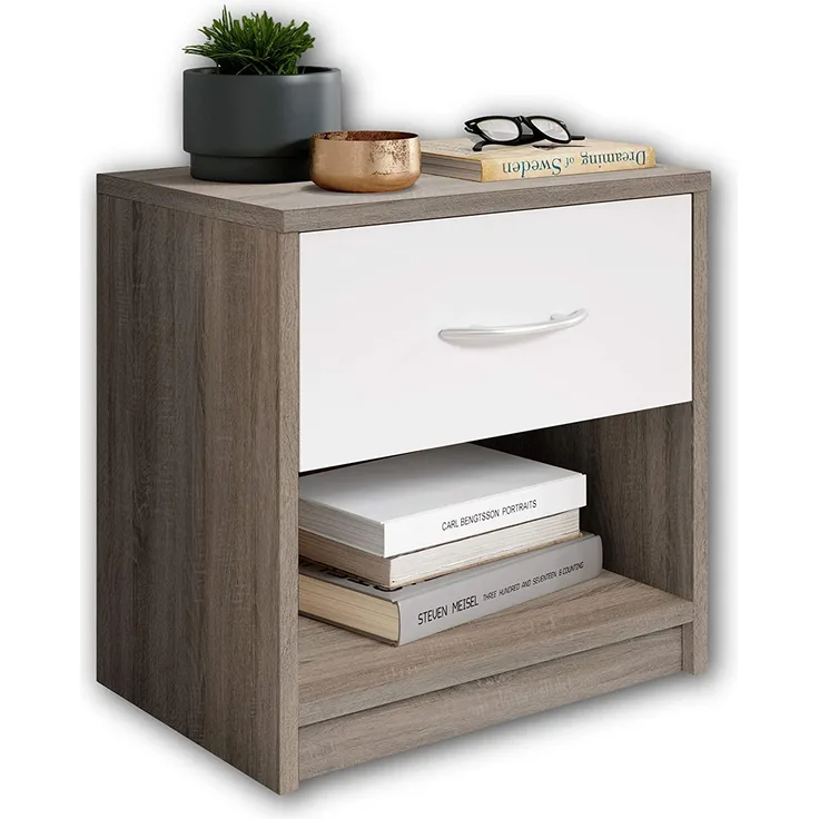 Stella Trading PEPE Nachttisch in Trüffel Optik, Weiß - Schlichter Nachtschrank mit einer Schublade passend zu jedem Bett & Schlafzimmer - 39 x 41 x 28 cm (B/H/T)