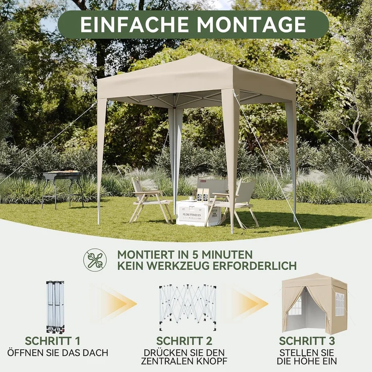 Aoxun Pop Up Pavillon 2x2m Wasserdicht mit 4 Seitenwänden, Metallrahmen-Schutzzelt, Höhe Verstellbar, Faltpavillon 2x2 mit Tragetasche für Camping Party, Beige – Bild 7