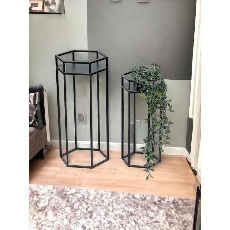 DanDiBo Blumenhocker Metall Schwarz 6eck Blumenständer Beistelltisch 96453 2er Set Pflanzenständer Blumensäule Modern Pflanzenhocker – Bild 4