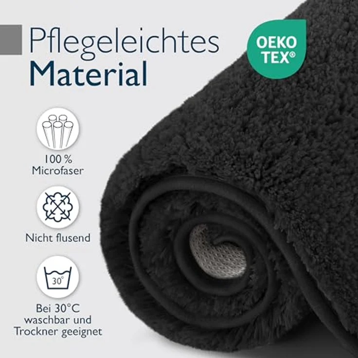Beautissu Badematte BeauMare FL, rutschfest, Hochflor 30mm, 60x50cm, Schwarz, waschbar, Shaggy Optik – Bild 5